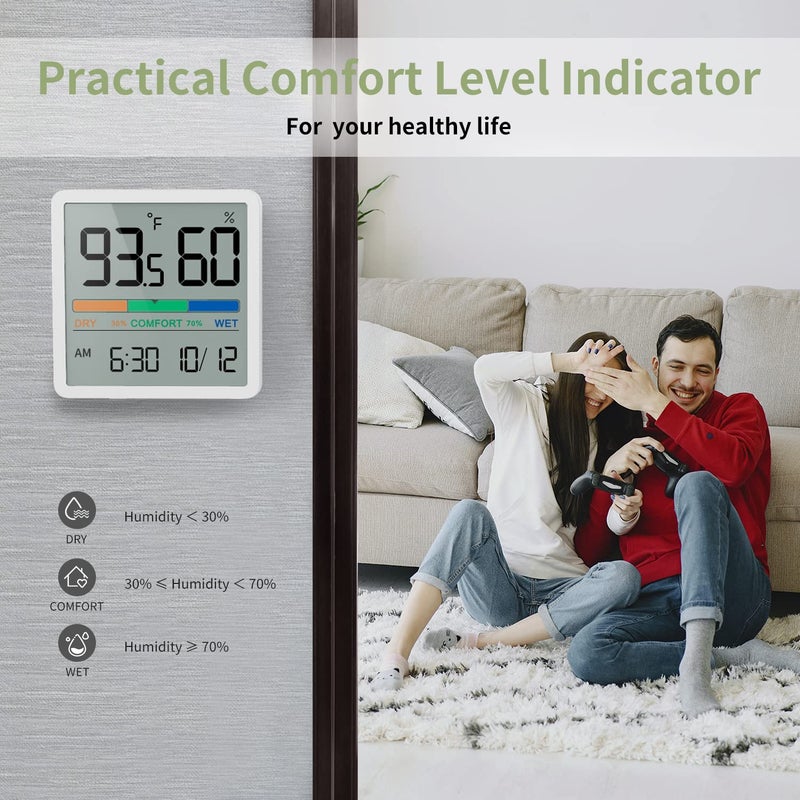 NOKLEAD Hygrometer Indoor Thermometer, Desktop Digital Thermometer with Temperature and Humidity Monitor, Accurate Humidity Gauge Room Thermometer with Clock (White) - Image 4